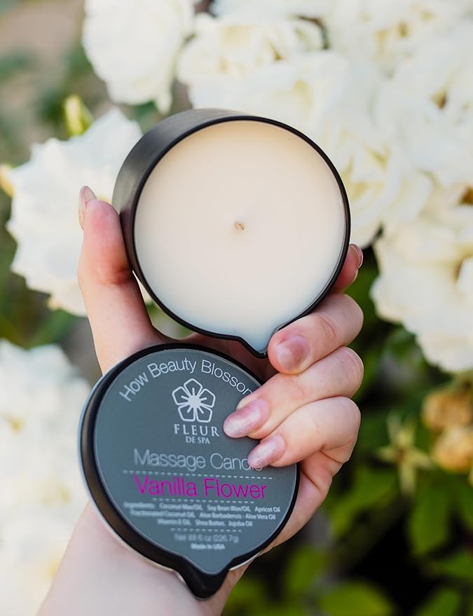 FLEUR DE SPA Massage Oil Candle – 6oz with Pour Spout – Made in USA – All Natural Coconut & Soy Blend – Melts to Warm, Alluring & Hydrating Body Oil – Perfect Spa & Gift Candle (Vanilla Flower) - Bloomnest