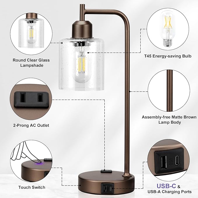 Innqoo Industrial Touch Table Lamps - 3-Way Dimmable Desk Lamps Set of 2 with USB C+A Ports and Outlet, Brown Bedside Lamps with Clear Glass Shade for Living & Bedrooms - Bloomnest