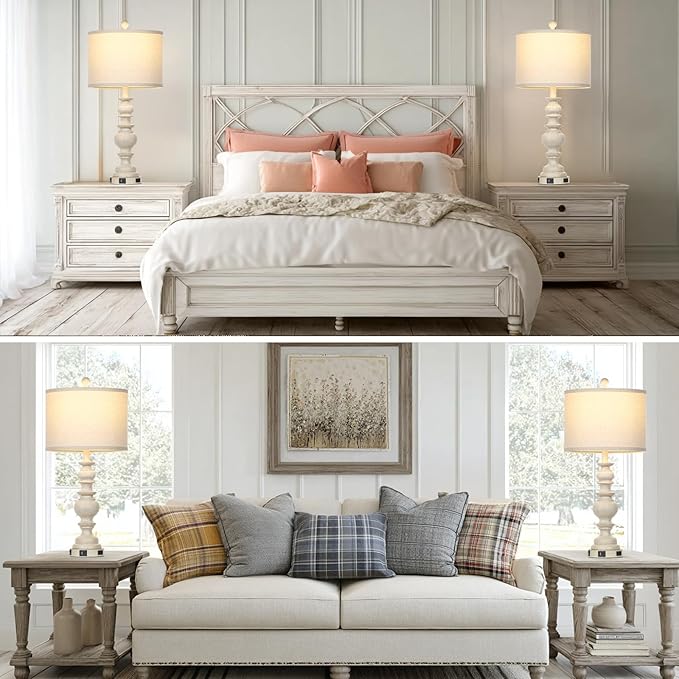 27.5" Beige Farmhouse Table Lamps for Living Room, Rustic Bedside Lamps with USB C+A Ports & AC Outlet, Vintage Bedroom Lamp Set of 2, Tradition Night Stands Lamp for Side End Table Desk - Bloomnest