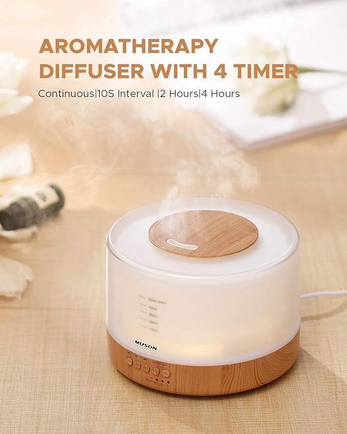 muson Essential Oil Diffuser Sound Machine Combo Diffuser for Aromatherapy Fragrant Oil Cool Mist Humidifier with Natural Sound Music & Warm Night Light, Auto Shutoff, White - Bloomnest