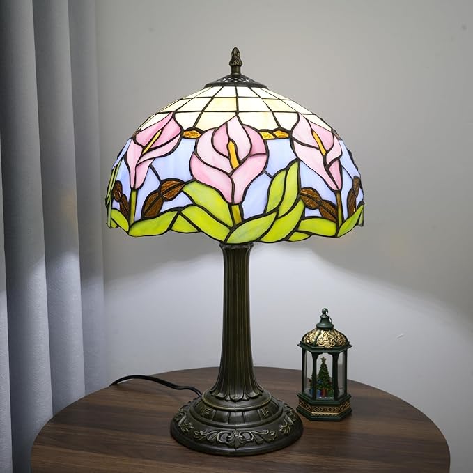 Tiffany Lamp 12 Inch Blue Pink Calla Lily Victorian Stained Glass Table Lamp Antique Bedside Reading Lamp For Bedroom Nightstand Office Light Dorm Room Decor Tiffany Style Retro Home Decoration Gifts - Bloomnest