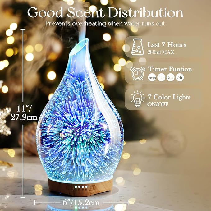 Porseme Essential Oil Diffuser 280ml Aromatherapy Ultrasonic Oil Diffusers 3D Glass Cool Mist Humidifier, Air Refresh Auto Shut-Off, Timer Setting, BPA Free for Home Hotel Yoga Leisure SPA Gift - Bloomnest