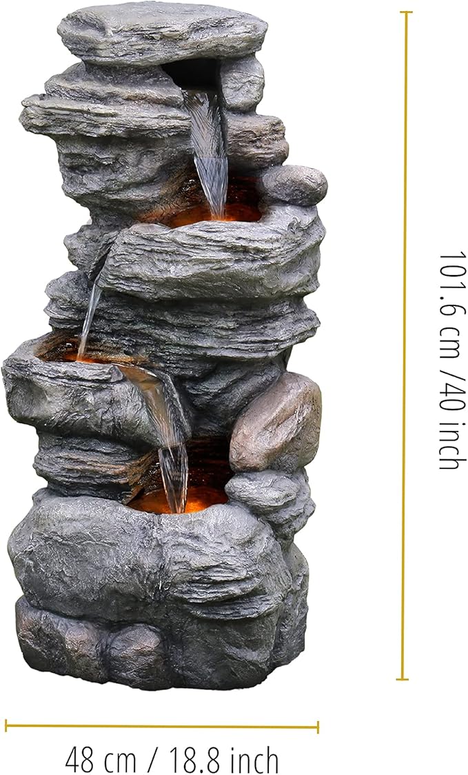 Teamson Home 39.37 in. Outdoor Faux Stacked Stone 4-Tier Water Fountain with LED Lights and Pump, Gray - Bloomnest