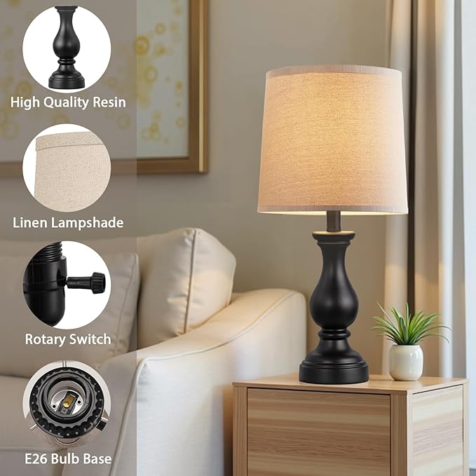 Seealle Farmhouse Table Lamps Set of 2 - Rustic Lamp for Bedroom Living Room, 22" Boho Bedside Lamps for Night Stands End Table Office Desk Lamp Nightstand with Linen Shades(Matte Black) - Bloomnest