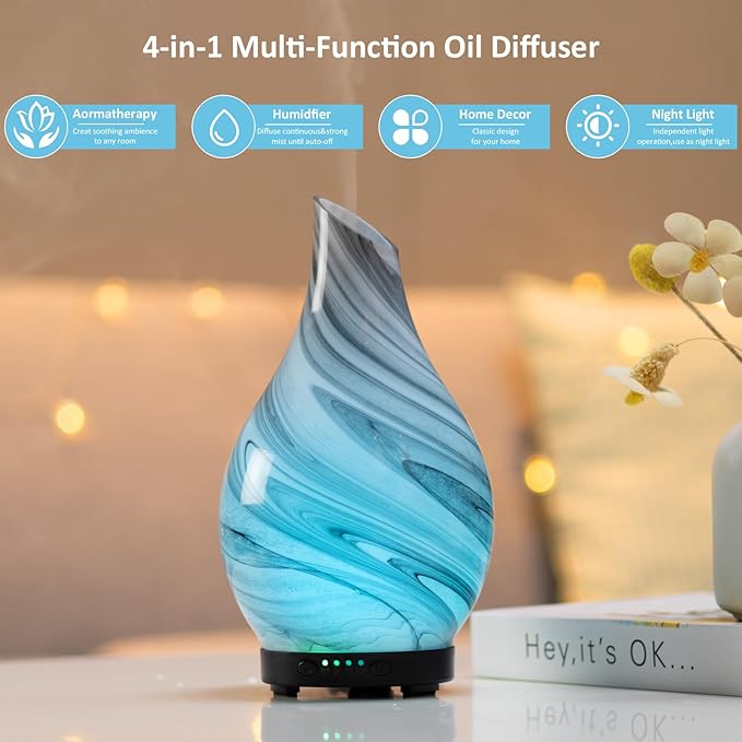 Essential Oil Diffuser 120ml Ultrasonic Aromatherapy Diffuser with Handmade Glass with Auto Shut-Off Protection 4 Timer Setting 7 Colors Changed LED Diffuser for Home Yoga Office Gifts for Women - Bloomnest