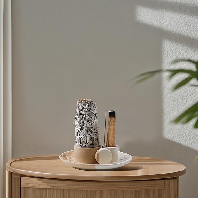 4 in 1 Incense Holder, Ceramic Incense Stick and Palo Santo Holder,Sage Holder for Burning- 5.5" Ceramic Ash Catcher Tray for Meditation and Yoga Room (Sand) - Bloomnest