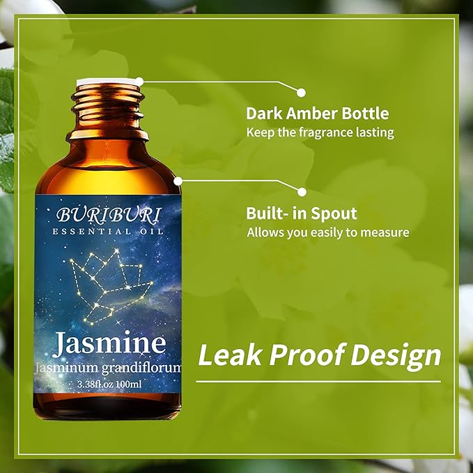 BURIBURI Jasmine Essential Oil 100% Pure Undiluted Aromatherapy Jasmine Oil 100ML/3.38fl.oz for Soap, Candle Making, Massage, Diffuser, Humidifier - Bloomnest