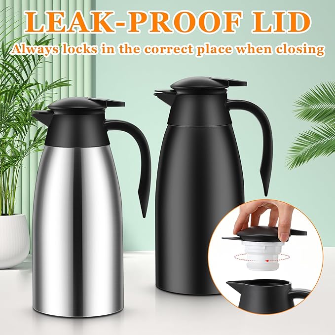 Norme 2 Pcs Thermal Coffee Carafe Insulated Stainless Steel Coffee Carafe for Hot Liquid Vacuum Thermal Pot Creamer Pitcher Dispenser with Brushes Keeping Hot Water Milk(Black, Silver,68 oz) - Bloomnest