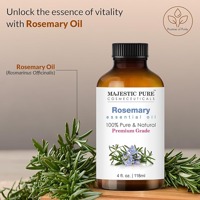 Majestic Pure Rosemary Essential Oil with Glass Dropper - Huge 4 Fl Oz - 100% Pure and Natural Rosemary Oil - Premium Grade Essential Oils for Diffuser, Aromatherapy, Soap and Candle Making - Bloomnest