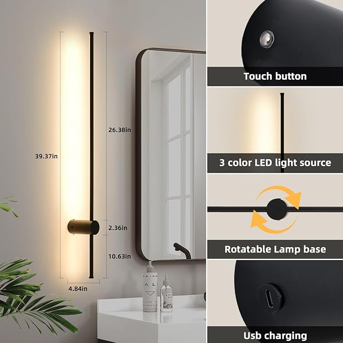 LED Wireless Wall Sconce with Remote Control, Dimmable/350° Rotate/Timing/USB Rechargeable Battery Powered Indoor Wall Lamps, 39.9 inch Black Wall Lights Set of Two for Hallway, Living Room, Bedroom - Bloomnest