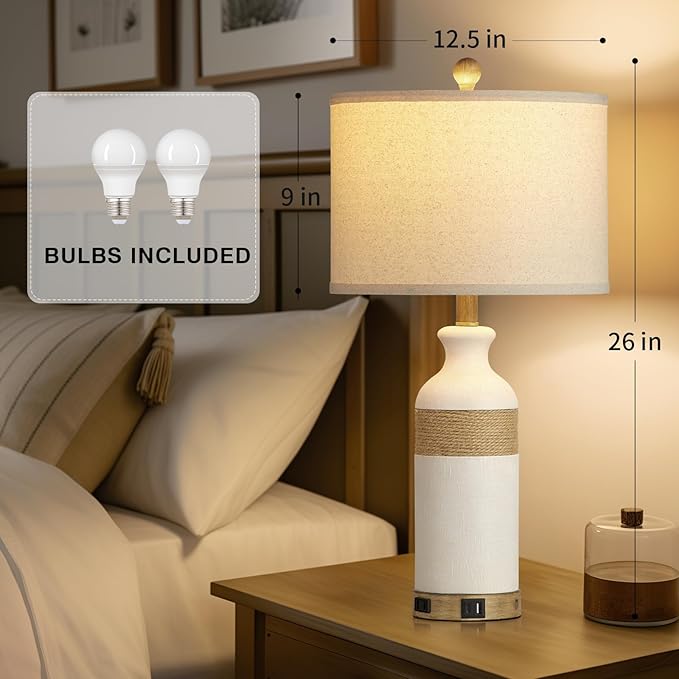 Boho Rattan Table Lamps for Bedroom Nightstand 26" Farmhouse Bedside lamp Set of 2 with USB C+A Ports & AC Outlet,3-Way Dimmable Touch Control Vintage Lamps for Living Room(Include Bulbs) - Bloomnest