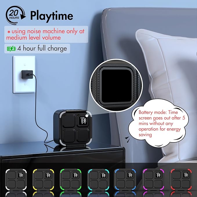 Sound Machine White Noise Machine with 30 Soothing Sounds, 10W Bluetooth Wireless Speaker Alarm Clock with Lights, Rechargeable Sleep Machine with Timer, Gifts for Boys Girls Baby Kids Teens Adults