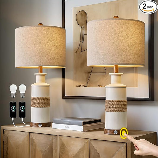 BOBOMOMO 24.5" USB A+C 3-Way Dimmable Touch Control Boho Table Lamp Set of 2 for Living Room Nightstand Beside Lamps for Bedroom(Include Two Bulbs) - Bloomnest