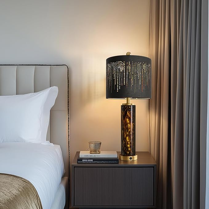 Oneach 27.75" Modern Table Lamps Set of 2, Gold Bedside Lamp with Leopard Glass Nightlight, USB A+C, Black Crystal Shade, Unique Desk Lamps for Living Room, Bedroom, Nightstand (2 Bulbs Included) - Bloomnest
