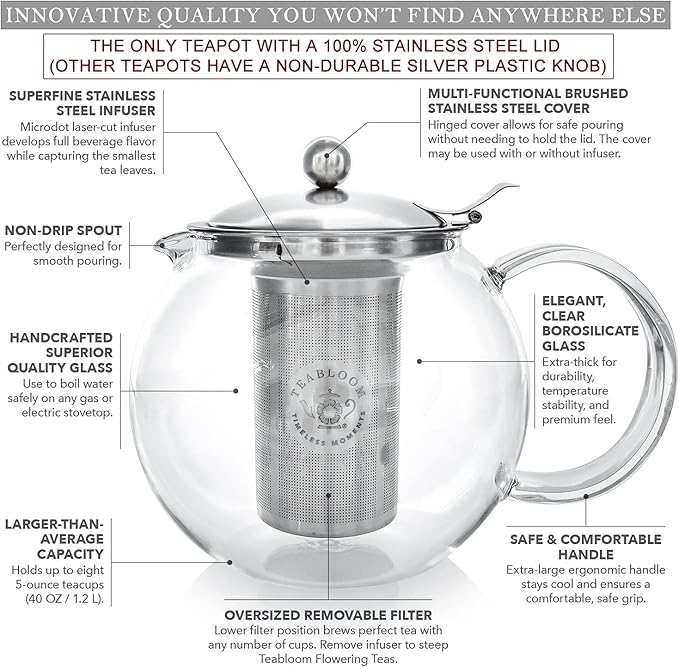 Teabloom Stovetop Safe Glass Teapot with Removable Infuser (40oz/1200ml) and Four Double Walled Glass Cups (5oz/150ml) - Classica Tea Set - Bloomnest
