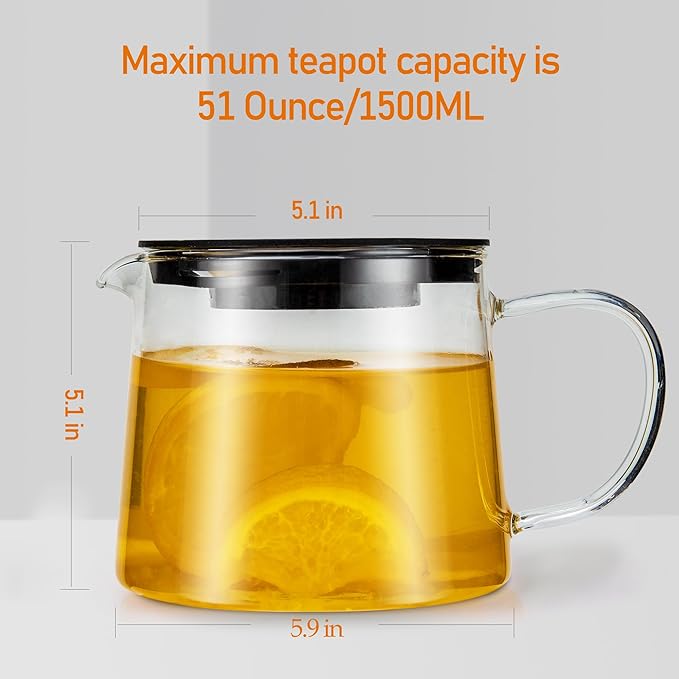 Glass Teapot 51oz/1500ml with Removable Stainless Steel Infuser Tea pot, Heatproof Borosilicate Glass Tea Make, Stovetop Safe Glass Tea Kettle for Loose and Blooming Leaf Tea - Bloomnest