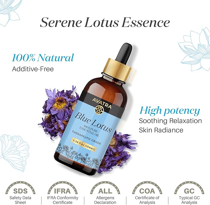 Avatra Blue Lotus Essential Oil for Diffuser, Skin & Candles | Natural & Undiluted Essential Oil | Aromatherapy, Soaps, Candles | Therapeutic Grade Essential Oil- 3.38 Fl Oz - Bloomnest