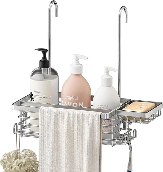 Hanging Shower Caddy, 304 Stainless Steel Shower Organizer with Towel Bar & Hooks, Over Shower Rod, Towel Bar or Glass Panel Storage Basket with Soap Holder, Rustproof Bathroom Caddy, 1 Pack - Bloomnest