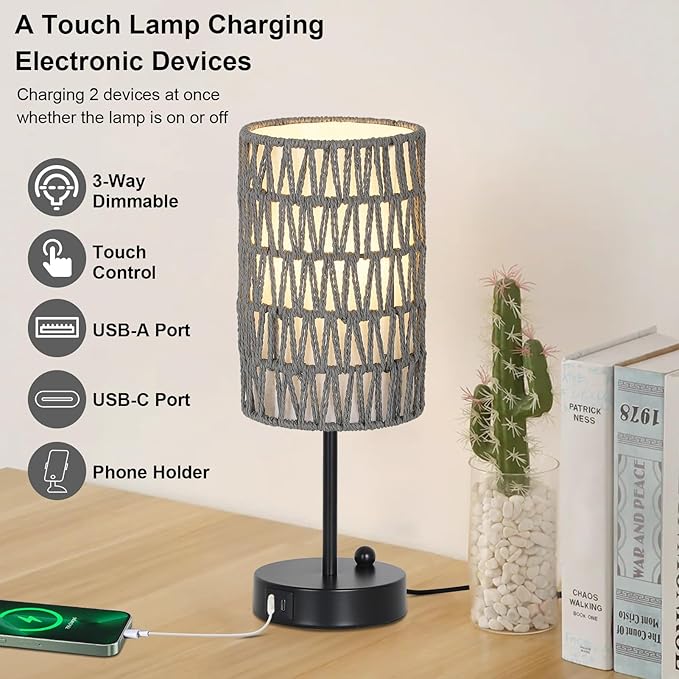 Gray Bedside Lamps Set of 2, Touch Control Night Stand Lamp for Bedroom with Rattan & Linen Shade & Bulbs, 3 Way Dimmable Small Boho Table Lamps with USB Charging Port & Phone Stand - Bloomnest