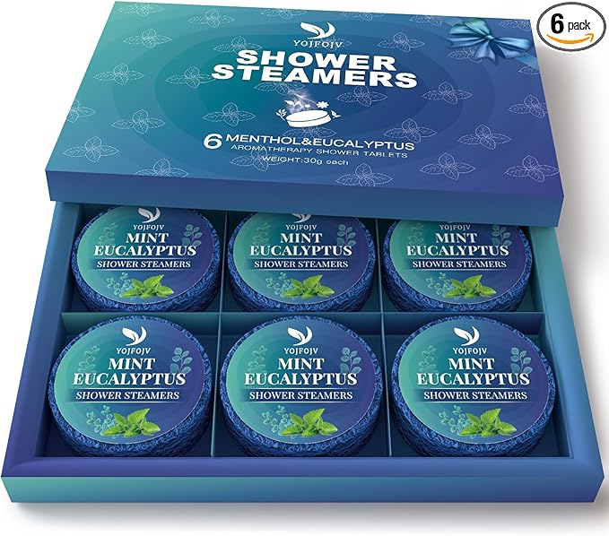 Shower Steamers Aromatherapy, 6 Pack Shower Bombs Organic with Menthol & Eucalyptus Essential Oils, Valentines Day Gifts for Her Mom Wife Him, White Elephant, Home Self-Care SPA Gift - Relaxation