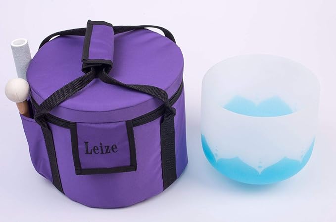 Leize Blue Lotus Design Crystal Singing Bowl G Note Throat Chakra Blue 8" with Heavy Duty Carrying Case Suede Striker