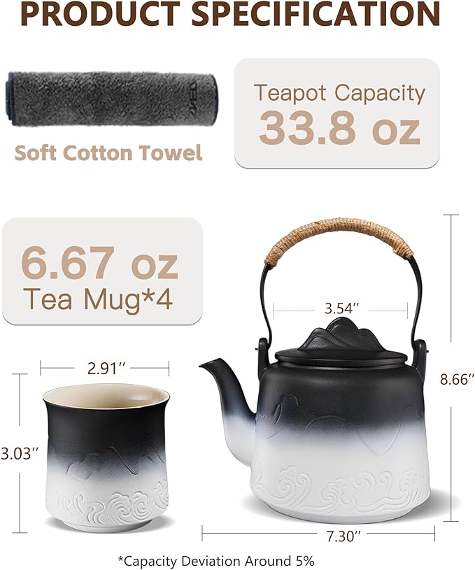 ZENS Vintage Japanese Tea Set, 33.8 oz Gradient Embossed Ceramic Japanese Teapot with Built-in Strainer for Tea Steeper, Hemp Rope Handle Loose Leaf Tea Pot with 4 Cups for Tea Party, Black & White - Bloomnest