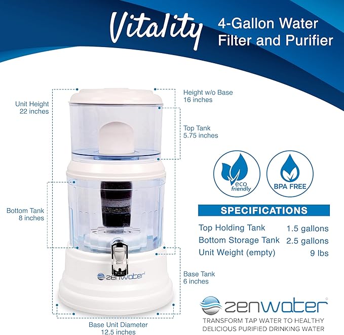 ZENWATER 4-Gallon Countertop Gravity Water Filter System - Portable Alkaline Filtration System - Enjoy Clean and Mineral-Rich Hydration at Home, Office, or Travel - Bloomnest