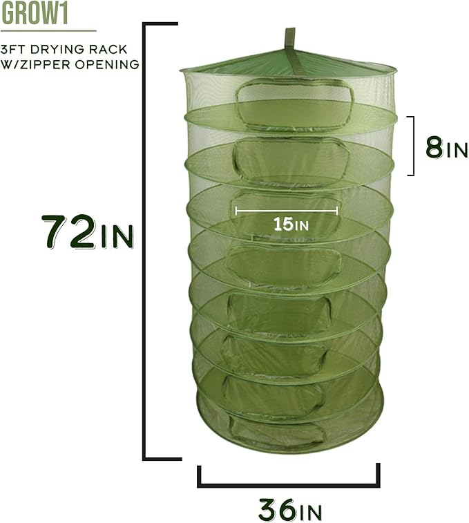 Grow1 3ft Drying Rack with Zipper Openings Collapsible Mesh Herb and Flower Hanging Dryer with Carrying Case for Secure Enclosed Drying - Bloomnest