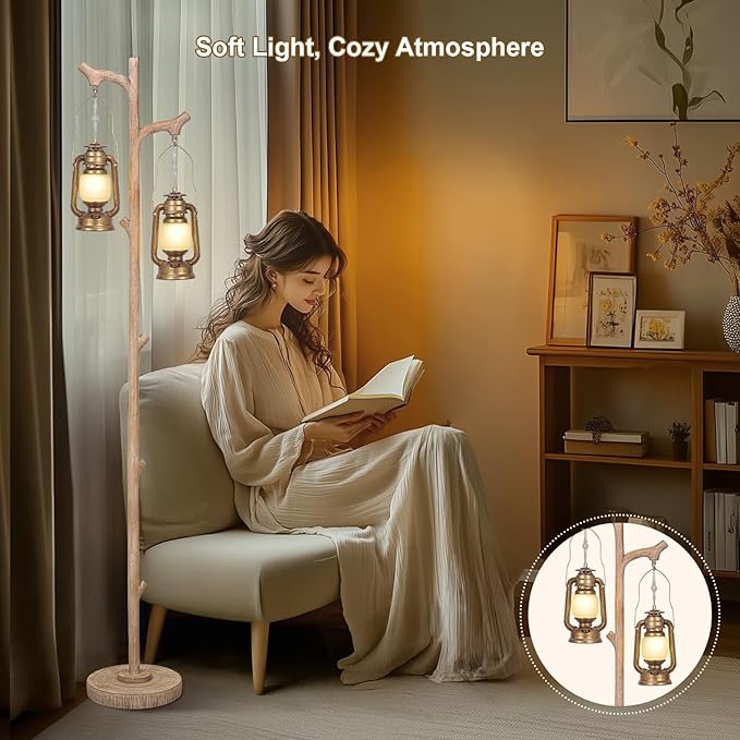 Scenekoy Vintage 68” Tall Floor Lamp with Lanterns, Retro Standing Lamp Tree Trunk Finish & Resin Body, Rustic Dimmable Corner Lamp Stand Up Light with Bulb Prefer for Living Room Bedroom Home Decor