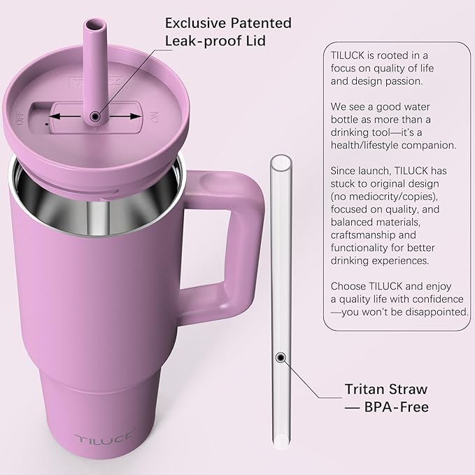 TILUCK 40 oz Tumbler with Handle, Vacuum Insulated Stainless Steel Travel Mug with 100% Leak-Proof Silicone Straw Lid, Cupholder Friendly Water Bottle(Lilac, 40oz) - Bloomnest