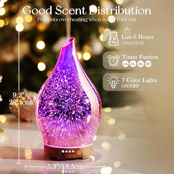 Porseme Essential Oil Diffuser 3D Firework Glass Aromatherapy Ultrasonic Humidifier Rose Gold, Auto Shut-Off, Timer Setting, BPA Free, Aroma Decoration for Home, Office, Gym, Spa, Premium Gift 150ml - Bloomnest