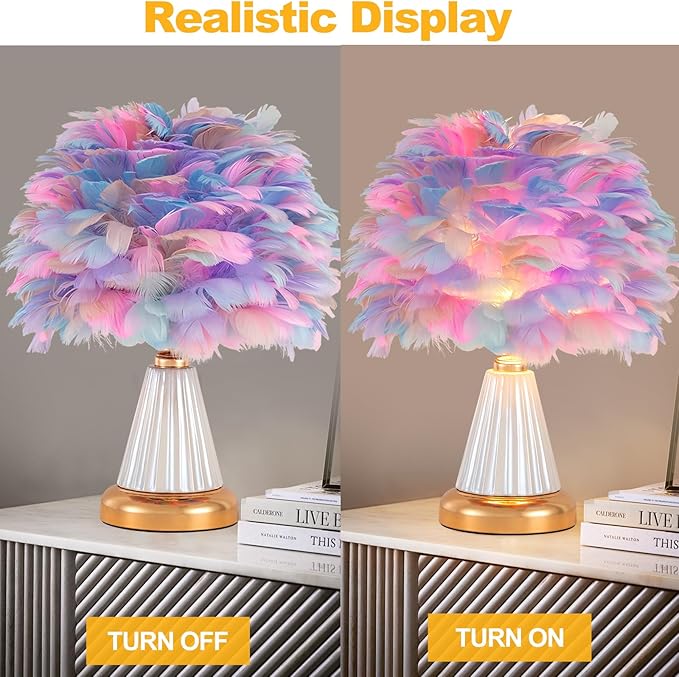 Colorful Feather Table Lamp Cute Ceramic Fluffy Bedside Lamp Princess Furry Nightstand Light Girl Romantic Desk Lamp for Girl Bedroom Living Room Office Nursery Valentines Wedding Decor - Bloomnest