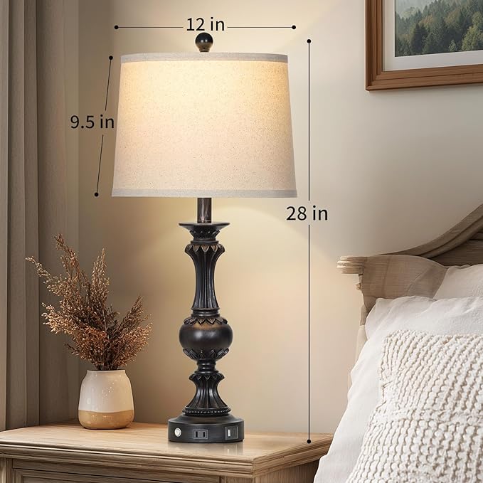 28" Black Farmhouse Table Lamps Set of 2, Rustic Lamps for Living Room with USB C+A Ports & AC Outlet, 3 Way Touch Control Bedroom Lamp, Retro Tall Bedside Lamp for Nightstand Side Table - Bloomnest