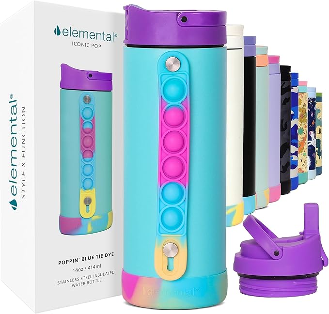Elemental Iconic Kids Water Bottle with Straw Lid & Stress Relief Pop It Handle, Leak-Proof When Closed, Triple Insulated Kids Stainless Steel Water Bottle For Girls and Boys, 14oz - Blue Tie Dye - Bloomnest