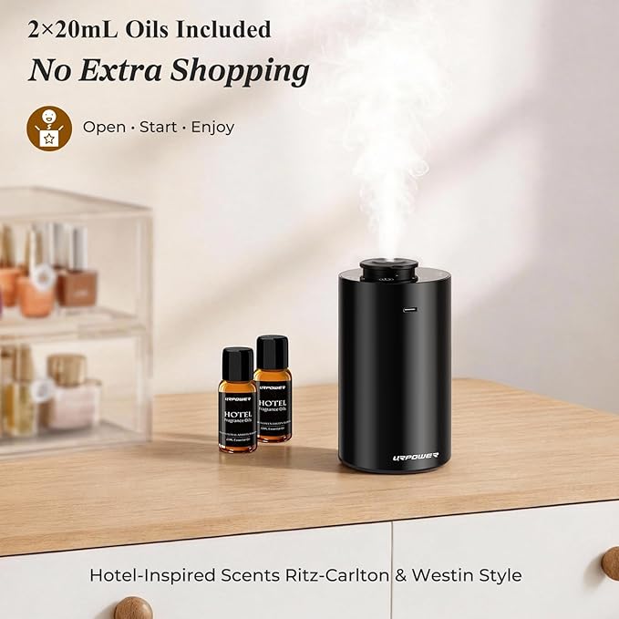 URPOWER Waterless Essential Oil Diffuser: No Water Needed Battery Operated Scent Diffuser - 2 * 20ML Hotel Fragrance Essential Oils - Cordless & Mini Oil Machine Aluminum for Car Home Office(Black) - Bloomnest
