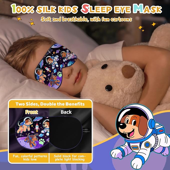 Silk Kids Sleep Mask: 100% Mulberry Silk Eye Mask, Sleeping Masks with Adjustable Strap, Soft & Light-Blocking Printed Kid Eye Cover for Boys Girls Teens Aged 5-15 (Space Dog Theme) - Bloomnest