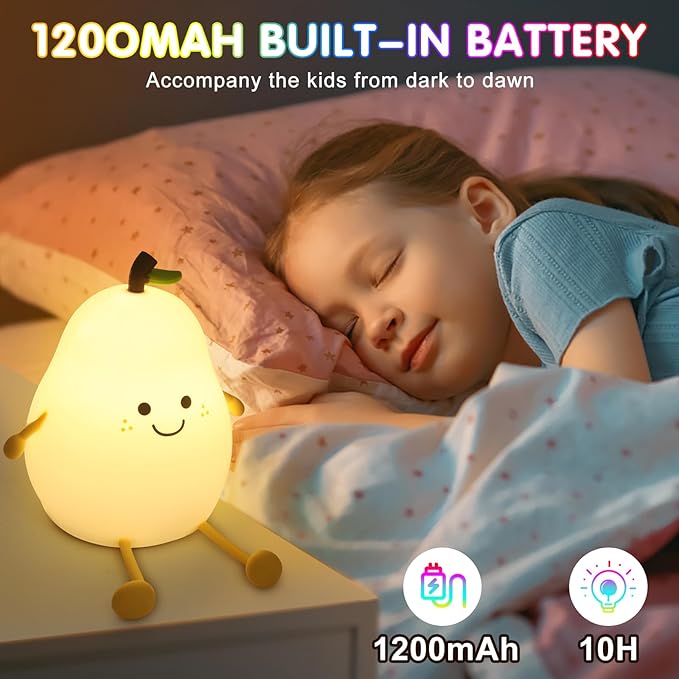Night Light for Kids, 7 Color Changing BPA-Free Silicone Lamp with Touch Control, Eye Protection, Rechargeable Battery, Soft & Safe Nursery Lamp for Boys & Girls (Pear) - Bloomnest