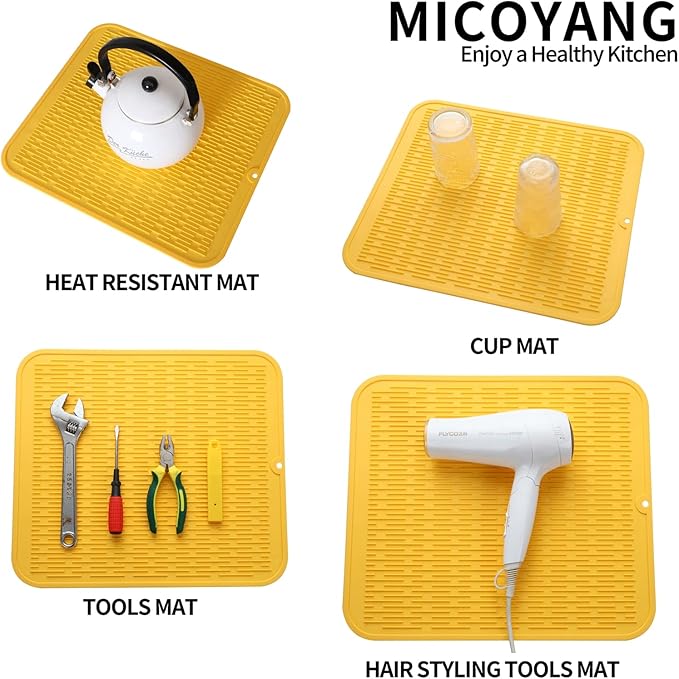 Silicone Dish Drying Mat for Multiple Usage,Easy clean,Eco-friendly,Heat-resistant Silicone Mat for Kitchen Counter or Sink,Refrigerator or Drawer Liner Yellow XL 18 inches x 16 inches - Bloomnest