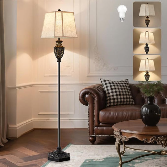 Luvkczc Vintage Black Floor Lamp - Hand-Painted Gold Resin with 6-Sided Carved Hollow Nightlight, Traditional Standing Lamp for Living Room, Bedroom, Study (Bulb Included) - Bloomnest
