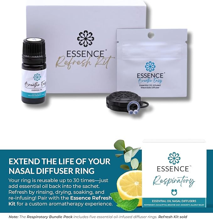Essence Nasal Diffuser Respiratory Bundle – Essential Oil Silicone Nose Rings for Sinus Relief, Congestion & Seasonal Breathing Support – Wearable Aromatherapy for Cold & Allergy Symptoms - Bloomnest