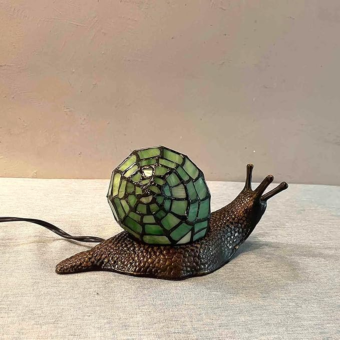 Bieye L10964 Land Snail Tiffany Style Stained Glass Accent Table Lamp for Home Decoration (Green, 10" D x 5" W x 5" H) - Bloomnest