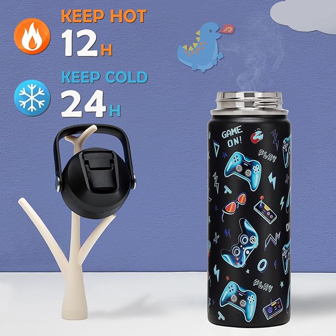 18oz Kids Insulated Water Bottle with Straw Lid - 18/8 Stainless Steel Kid Cup BPA-FREE Travel Tumbler Double Wall Vacuum Leak Proof Portable Toddler Water Bottle (Game) - Bloomnest