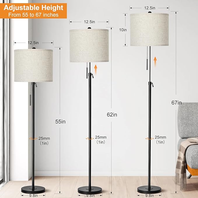 Adjustable Height Floor Lamp for Living Room, Black Standing Lamp for Bedroom Office, Modern Tall Lamp with Linen Shade, 3-Way Dimmable 8W 3000K LED Blub Included (Black) - Bloomnest