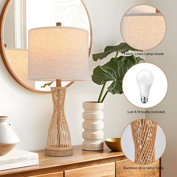 Lamps for Bedroom Wooden Bamboo Strip Table Lamp Farmhouse Bedside Lamps Set of 2 Wood Table Lamp Desk Light Bedroom Lights Bedside Lamps Set of 2,Linen Shade, 25.5 in - Bloomnest