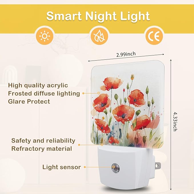 Red Poppy Flowers Night Light, Red Flowers Night Lights Plug Into Wall with Dusk to Dawn Sensor Wall Lamp, Nightlights for Bedroom, Bathroom, Hallway, Kitchen, Gifts Ideal for Girls Women - Bloomnest