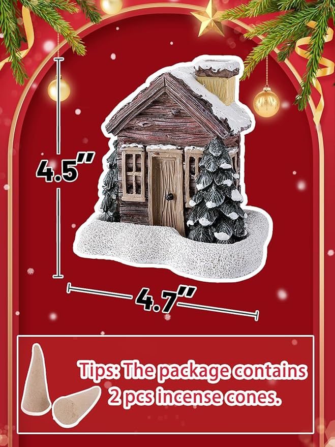Christmas Log Cabin Incense Burner - Christmas Village Houses with 2 Incense Cones, Resin Incense Cone Holder for Home Room Table Fireplace Decorations, Brown - Bloomnest
