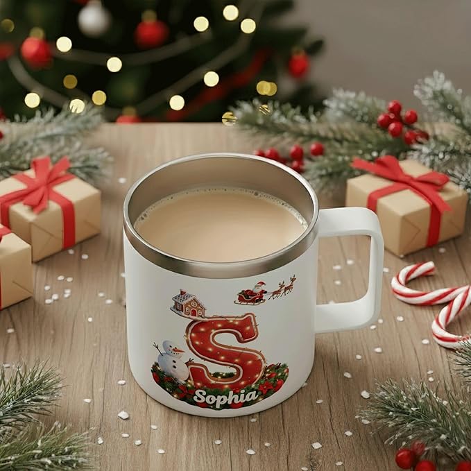 Personalized Christmas Mug | Custom Gingerbread Village Initial Insulated Cup with Handle & Lid | 12oz Holiday Tumbler, Cute Santa & Snowman Gift for (B35) - Bloomnest