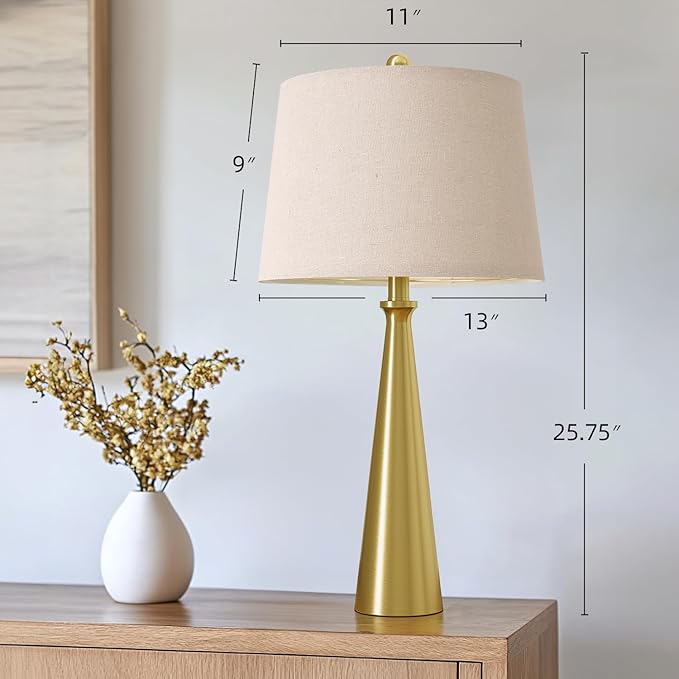Oneach 25.75" Modern Table Lamp Set of 2, Bedside Lamps with USB Ports, Brass Gold Nightstand Lamps Set for Living Room Bedroom House Bedside Home Office Family - Bloomnest