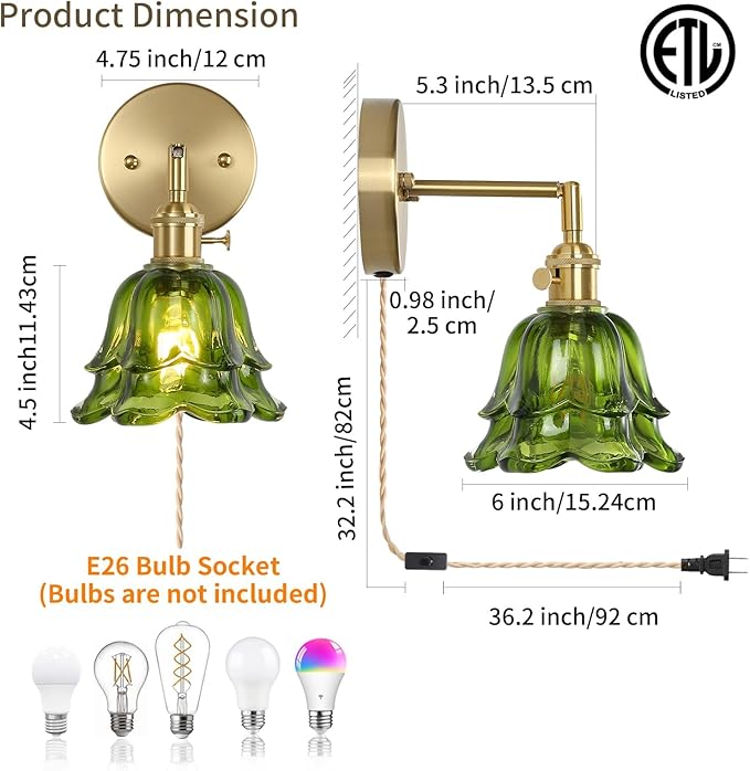 Vintage Plug in Wall Sconces Set of 2, Rose Green Lampshade & 180 Degree Adjustable, Brass Wall Lights, for Bedroom Living Room Hallway Aisle, Bulbs Not Included, ETL Listed - Bloomnest