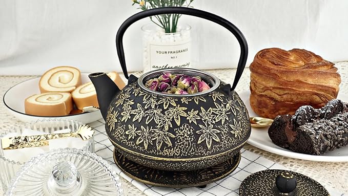 Large Japanese Cast Iron Teapot Capacity 40Oz with Trivet and Loose Leaf Tea Infuser, Cast Iron Tea Kettle Stovetop Safe. Tetsubin Coated with Enamel Interior - Black Teapot